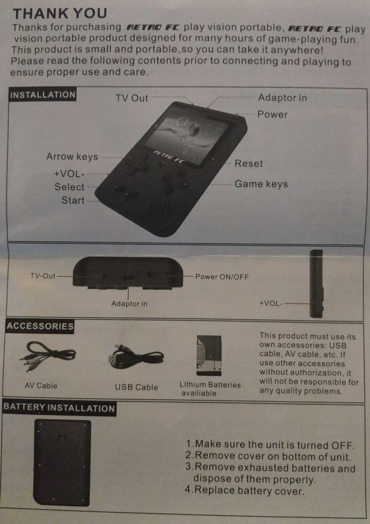 English Manual for Gocomma 168 in 1 Retro FC Plus